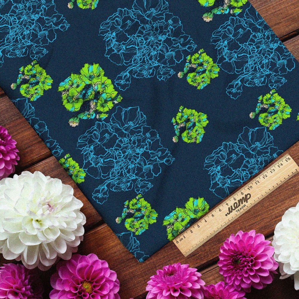 Ткань таффета зелёные листья цветы