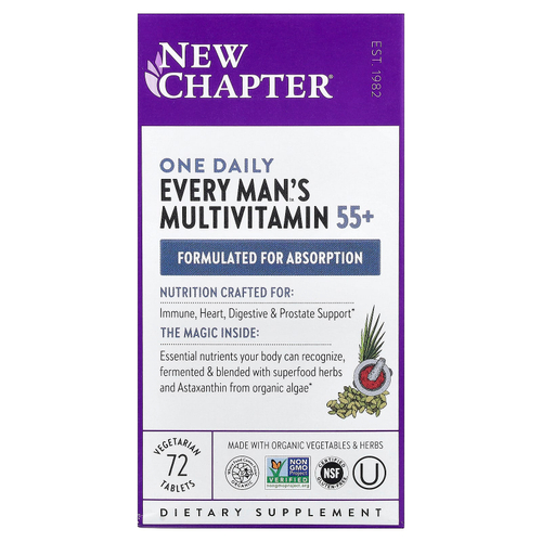 New Chapter, Every Man's One Daily, мультивитамины для 55+, 72 вегетарианские таблетки