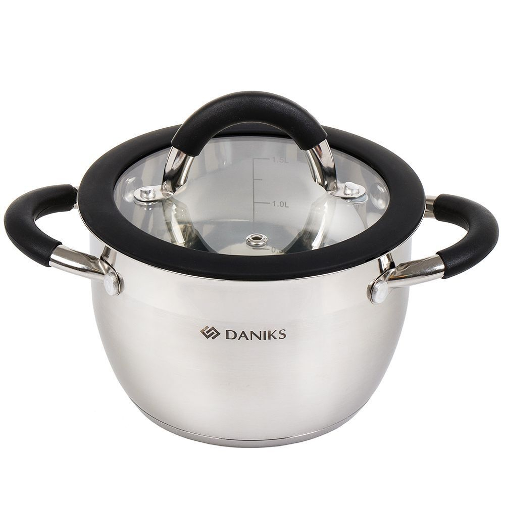 Кастрюля нерж, 1.9 л, с крыш, крышка стекло, Daniks, Орландо, GS-01435-16CA, серебр, индукц