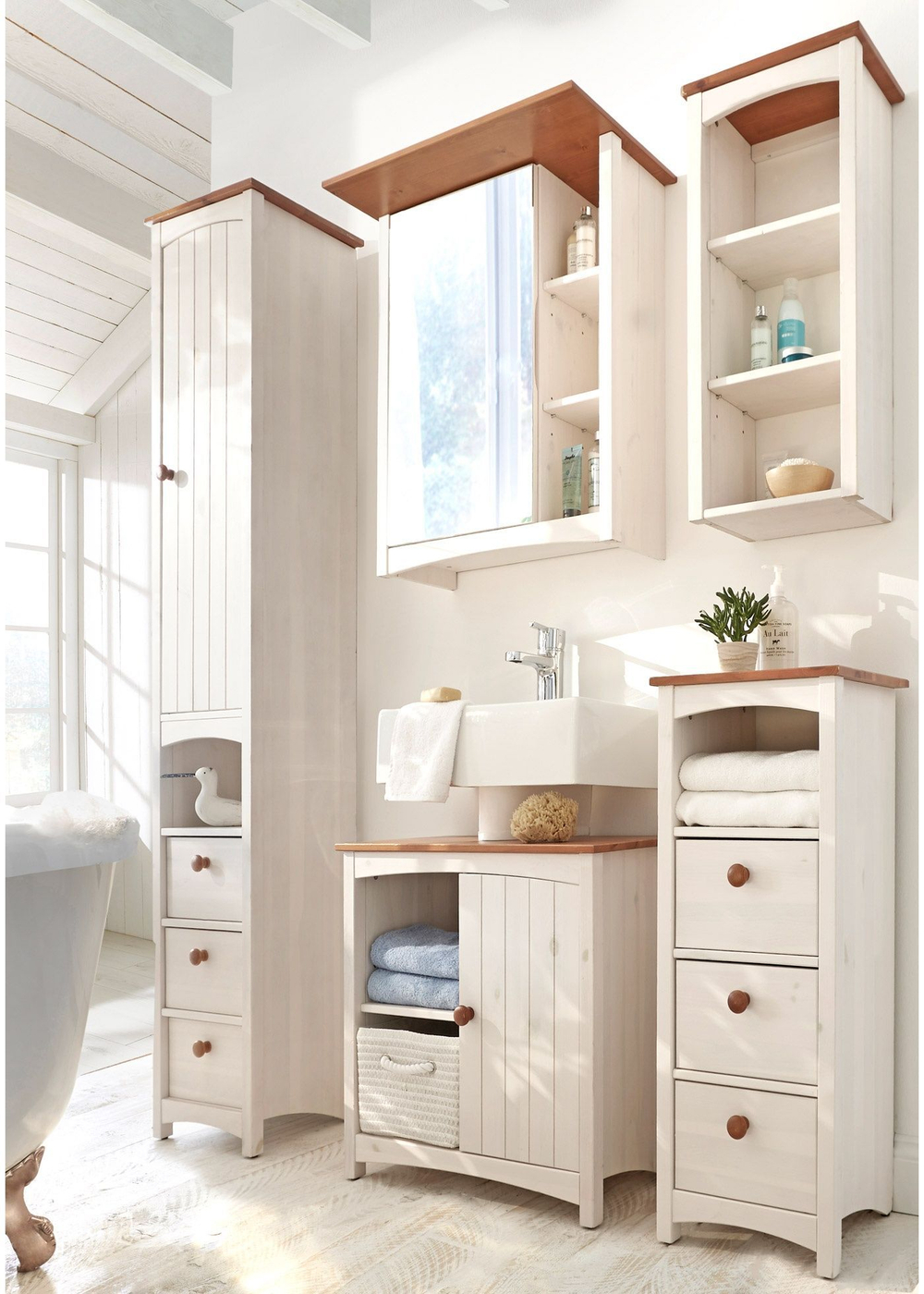 Шкаф в ванную навесной 34х21х70, Паула, в туалет, гараж, прихожую, массив сосны, белый/черри, Dipriz