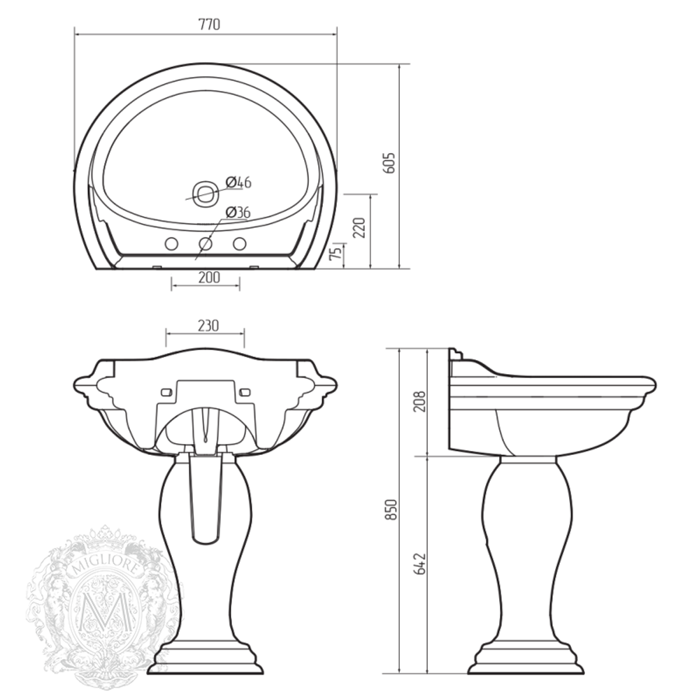 Раковина Migliore Milady 77x60.5см.,ML.MLD-25.773.D2.PL декор хром схема