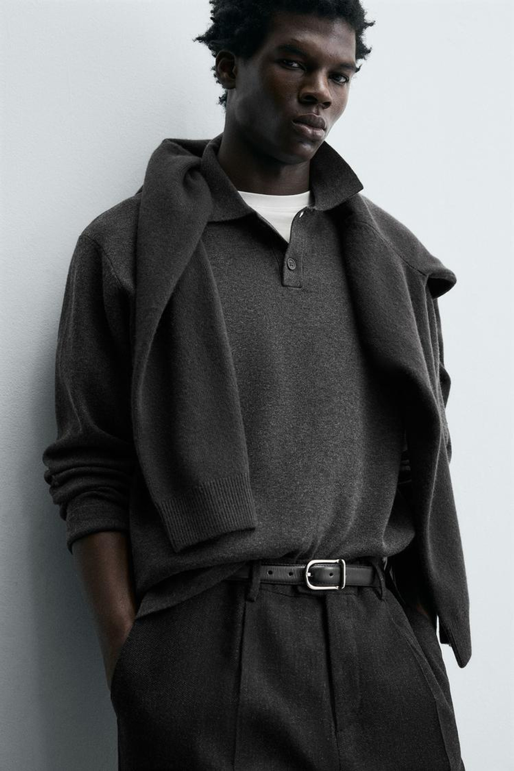 ZARA МЯГКОЕ ТРИКОТАЖНОЕ ПОЛО, АНТРАЦИТОВО-СЕРЫЙ