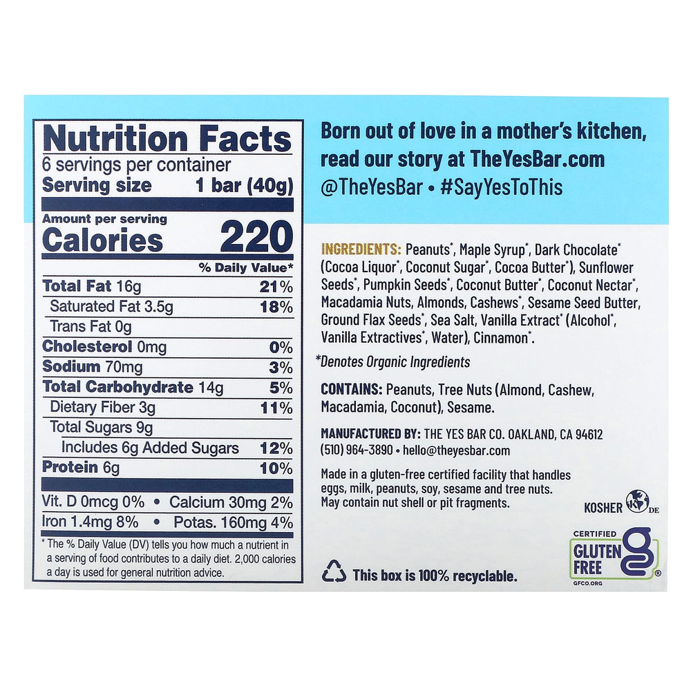 Yes Bar, батончик-снек, темный шоколад с арахисовой пастой и морской солью, 6 батончиков по 40 г (1,4 унции)
