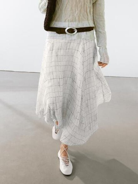 Massimo Dutti Юбка миди из струящейся ткани в клетку, кремовый