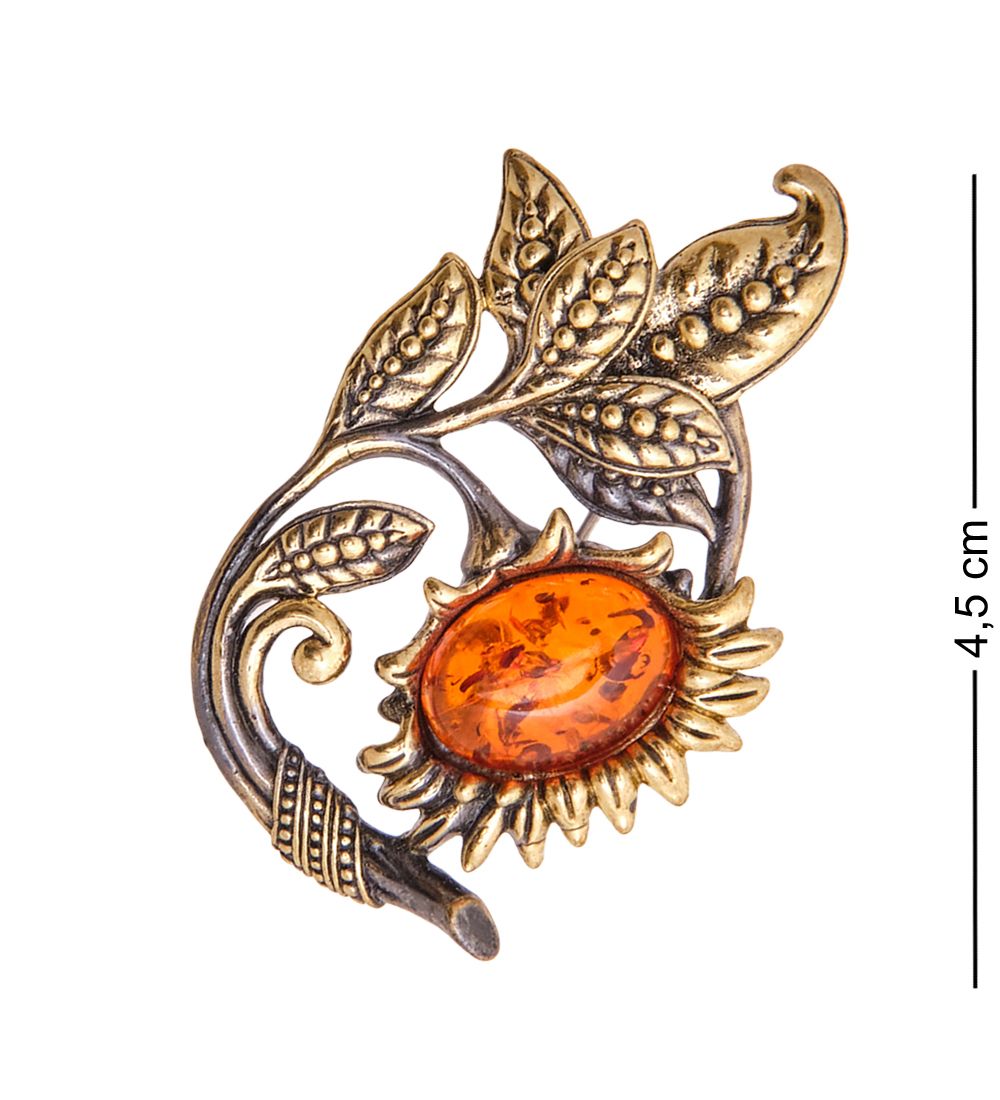 AM-3529 Брошь «Цветок Санвиталия» (латунь, янтарь)