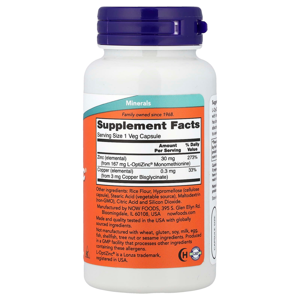 NOW Foods, L-OptiZinc®, 100 вегетарианских капсул