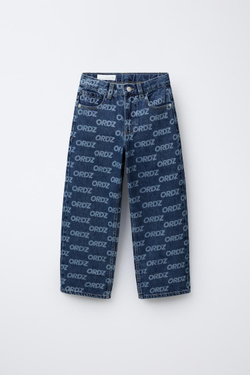 ZARA ДЖИНСЫ WIDE LEG С ТЕКСТОВЫМ ПРИНТОМ, СИНИЙ