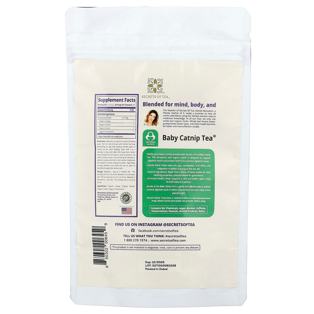 Secrets of Tea, Organic Baby Catnip Tea®, без кофеина, 20 неотбеленных чайных пакетиков, 28 г (1 унция)