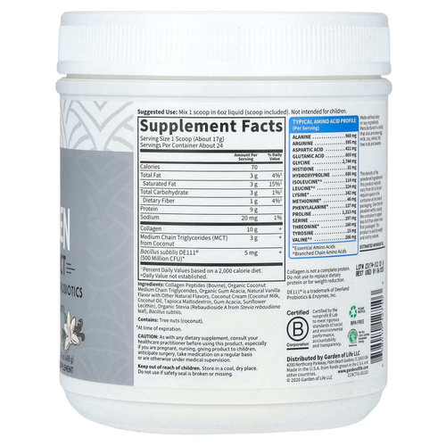 Garden of Life, экологически чистый коллаген с кокосовыми среднецепочечными триглицеридами, ваниль, 408 г (14,39 унции)