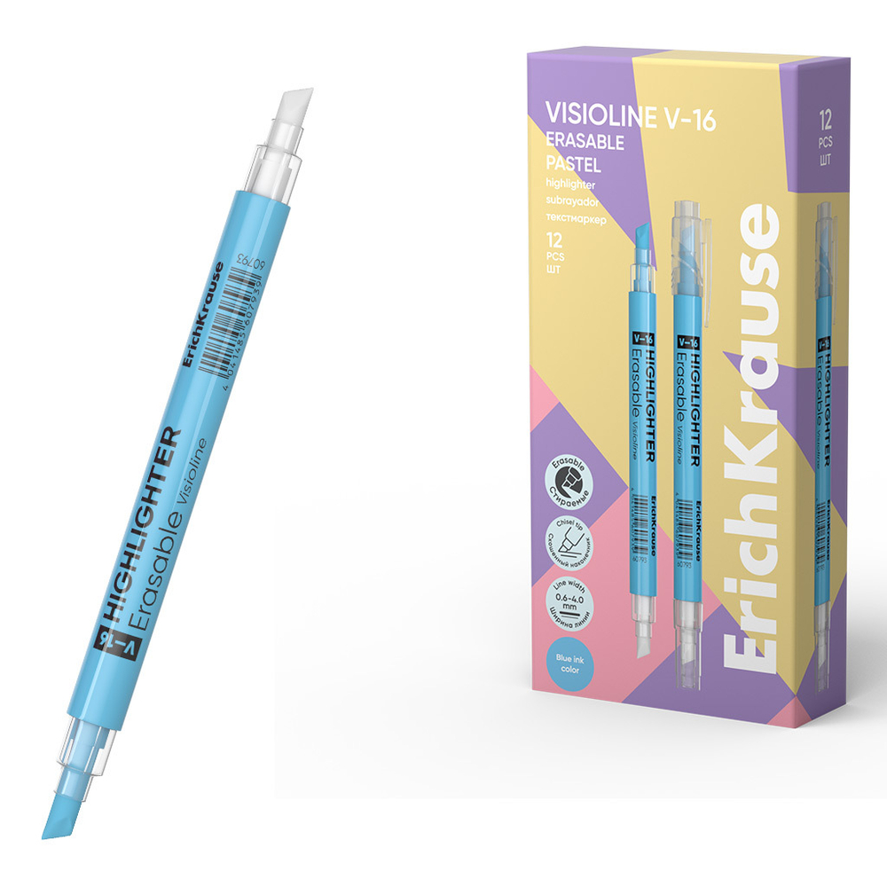 Двухсторонний стираемый текстмаркер ErichKrause Visioline V-16 Erasable Pastel, цвет чернил голубой (в коробке по 12 шт.)