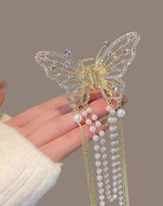 Блестящий краб-бабочка для волос с кисточками со стразами и жемчугом (имитация) . Золото