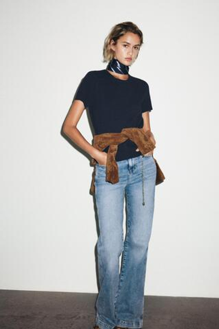 ZARA ОДНОТОННЫЙ ТОП С КОРОТКИМИ РУКАВАМИ, МОРСКОЙ СИНИЙ