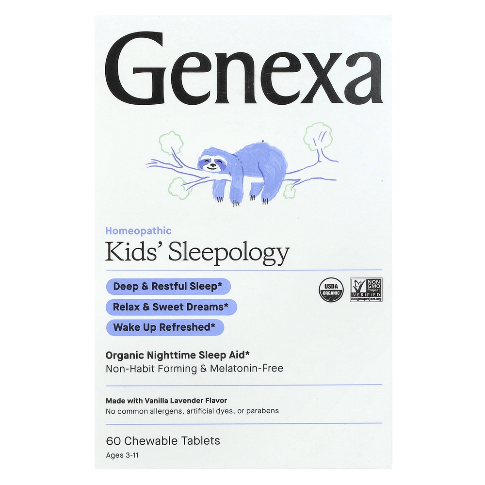 Genexa, Kid's Sleepology, органическая добавка для нормализации ночного сна, вкус ванили и лаванды, для детей от 3 лет, 60 жевательных таблеток