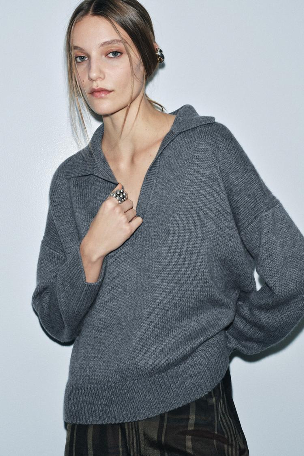 ZARA СВИТЕР ПОЛО ИЗ ШЕРСТИ И КАШЕМИРА, СЕРО-СИНИЙ