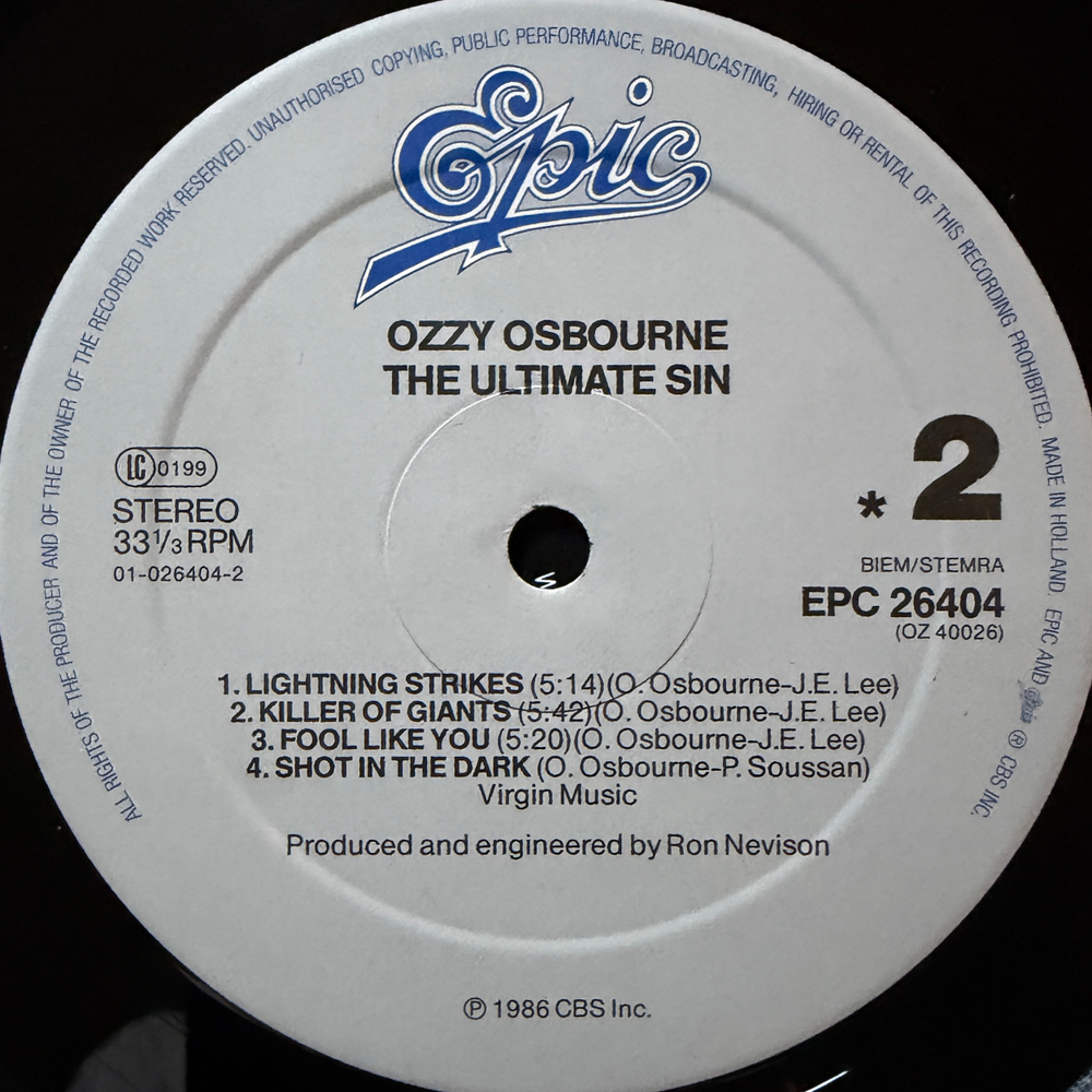 Ozzy Osbourne ‎– The Ultimate Sin (Голландия 1986г.)