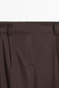 Massimo Dutti Плиссированные брюки из смесовой хлопковой ткани поплин, шоколадный