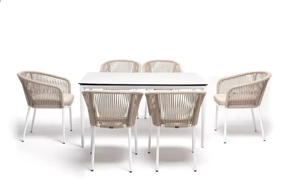 "Малага" обеденная группа на 6 персон со стульями "Марсель", каркас белый, роуп бежевый