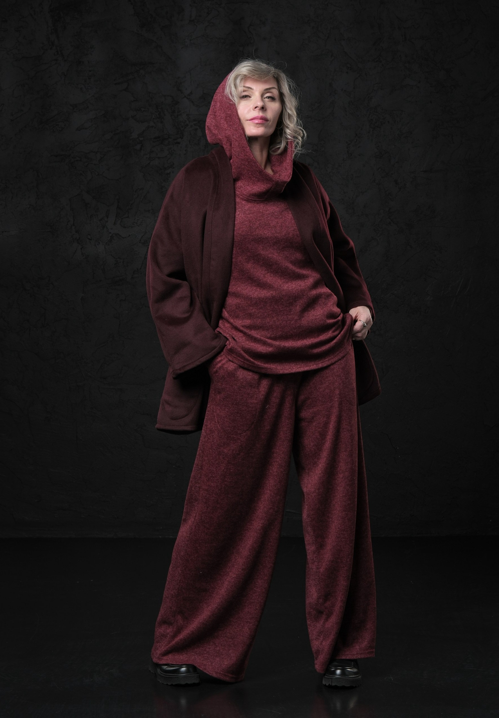 Кимоно -пальто марсала с поясом