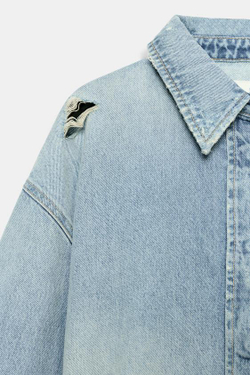 ZARA УКОРОЧЕННАЯ ДЖИНСОВАЯ КУРТКА-РУБАШКА TRF, ГОЛУБОЙ