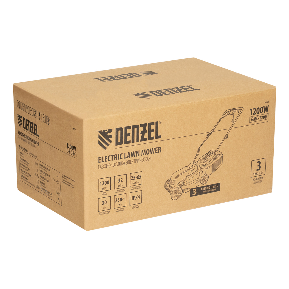 Газонокосилка электрическая GMC-1200, шир.,32см, 1200 Вт, 3 уров., травосб. 30 л Denzel