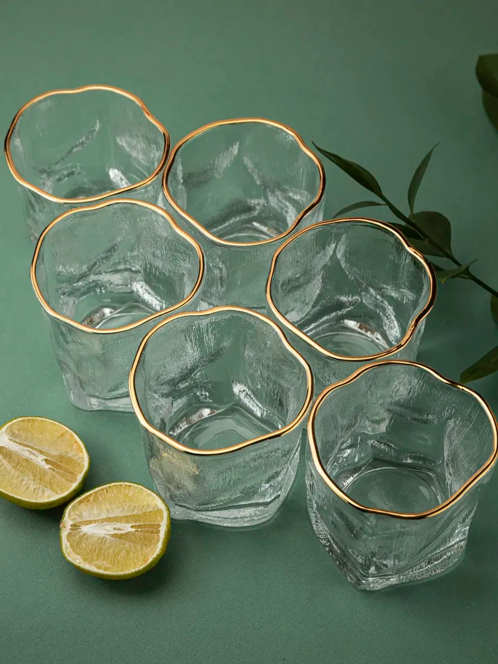 Набор изогнутых бокалов, лед, 250 мл. 6 шт с золотой каймой