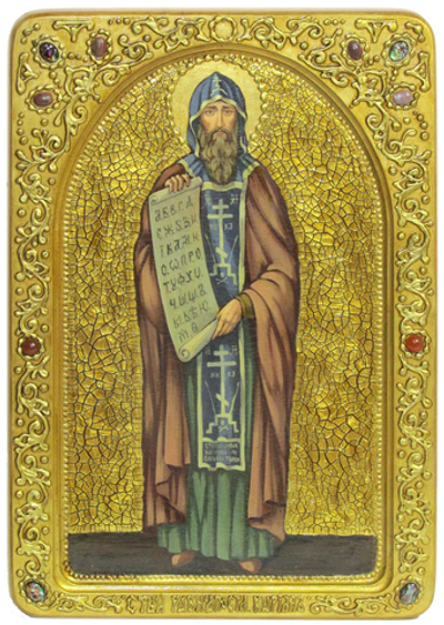 Большая Живописная икона Святой равноапостольный Кирилл Философ 42х29см на кипарисе в березовом киоте