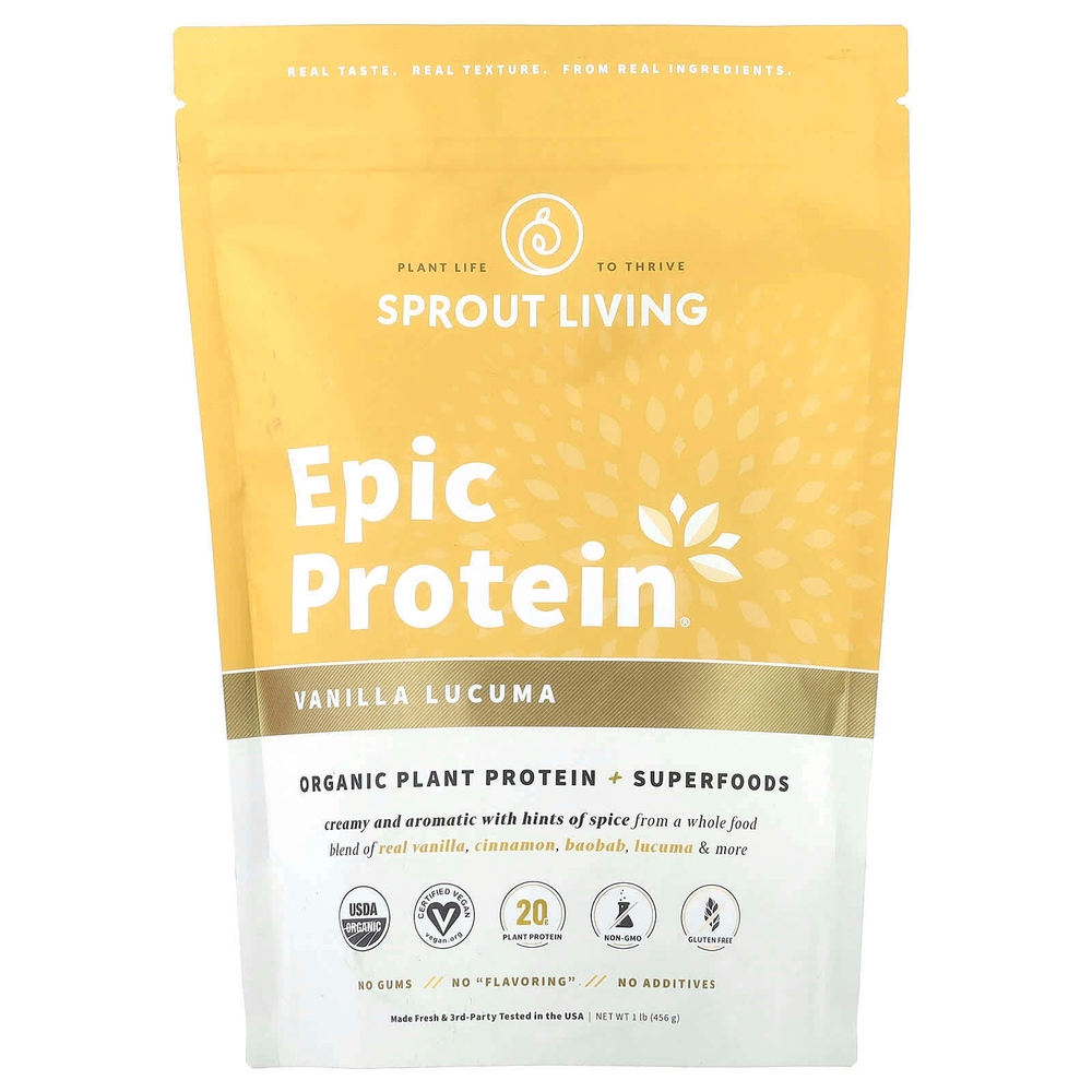 Sprout Living, Epic Protein®, органический растительный протеин и суперпродукты, ваниль и лукума, 456 г (1 фунт)