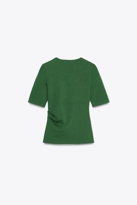 ZARA ФУТБОЛКА ИНТЕРЛОК СО СБОРКАМИ, ЗЕЛЕНЫЙ