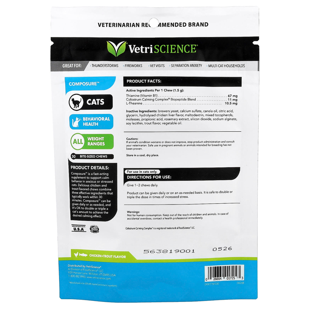 Vetriscience, Composure ™, для всех кошек, курица и форель, 30 жевательных таблеток, 45 г (1,59 унции)