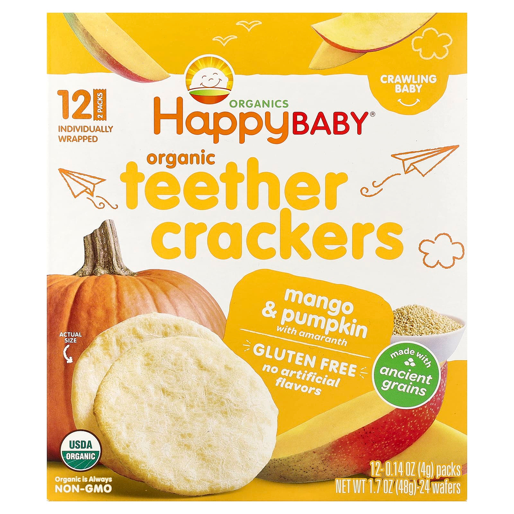 Happy Family Organics, Happy Baby®, органические крекеры для прорезывания зубов, манго и тыква с амарантом, 12 упаковок по 4 г (0,14 унции)