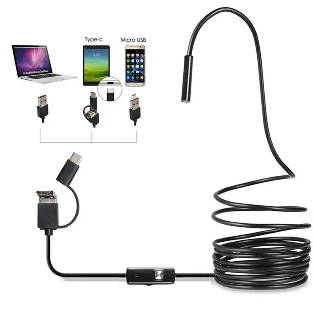 Видеоэндоскоп ATR для смартфона и ПК. USB / Micro USB / Type-C, 10 метров, Водонепроницаемый (мягкий кабель)