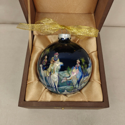 Коллекционный елочный шар с росписью Палех "Рождество Христово" в футляре