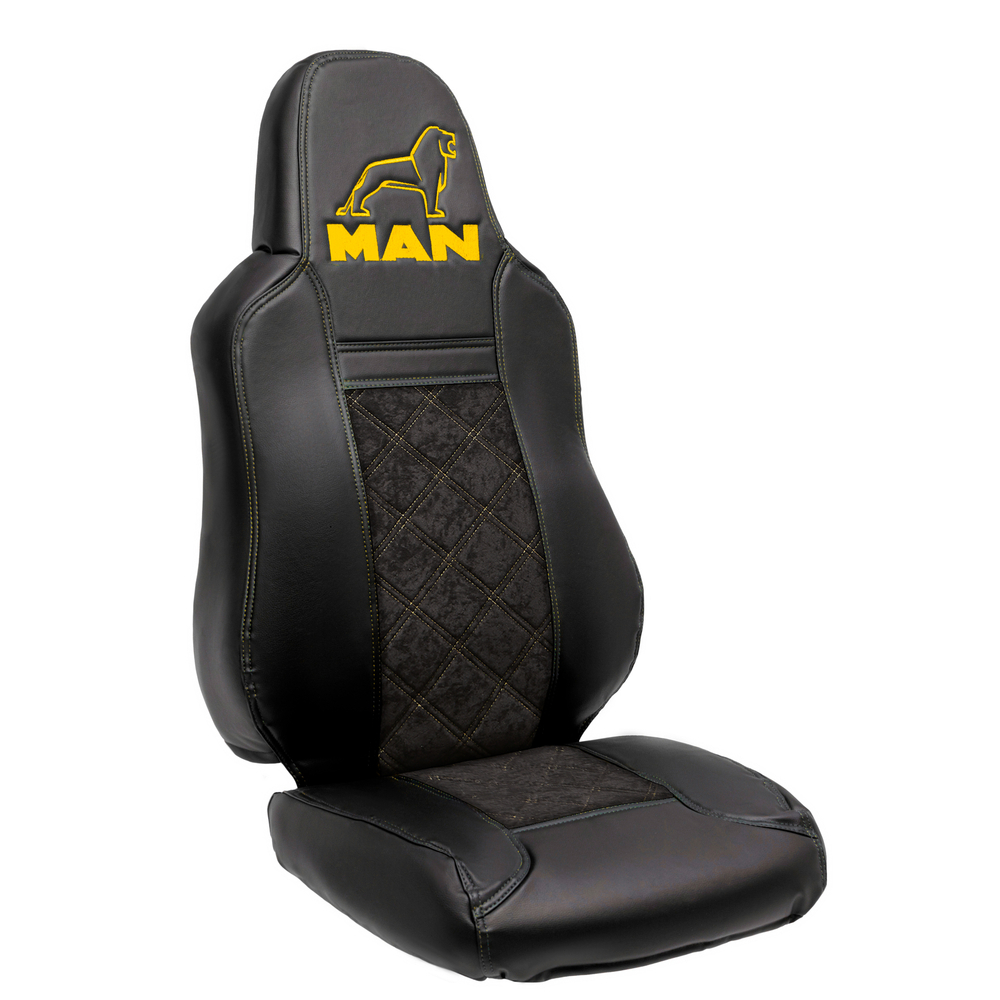 Чехлы MAN TGX, TGS с 2021 года c регулировкой ремня безопасности водителя по высоте  (экокожа, желтая строчка)