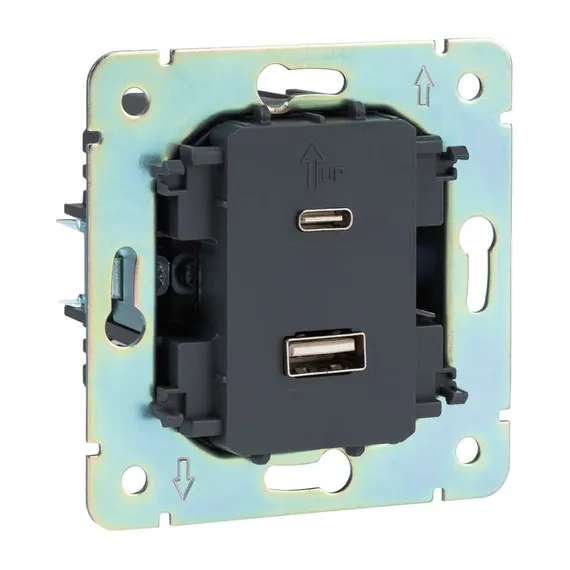 Розетка ROUND USB-A+Type-C 3А с функцией быстрой зарядки оникс KRANZ
