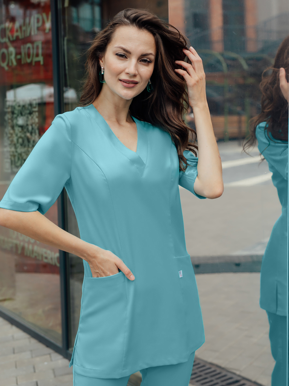 Медицинская блуза светло-бирюзового цвета Бл-378 3/4 Либерти люкс MediS для врача/для медсестры/для медика