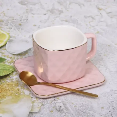 Чайная пара «Зефир» (кружка 240мл,блюдце, ложка) розовая, квадратная