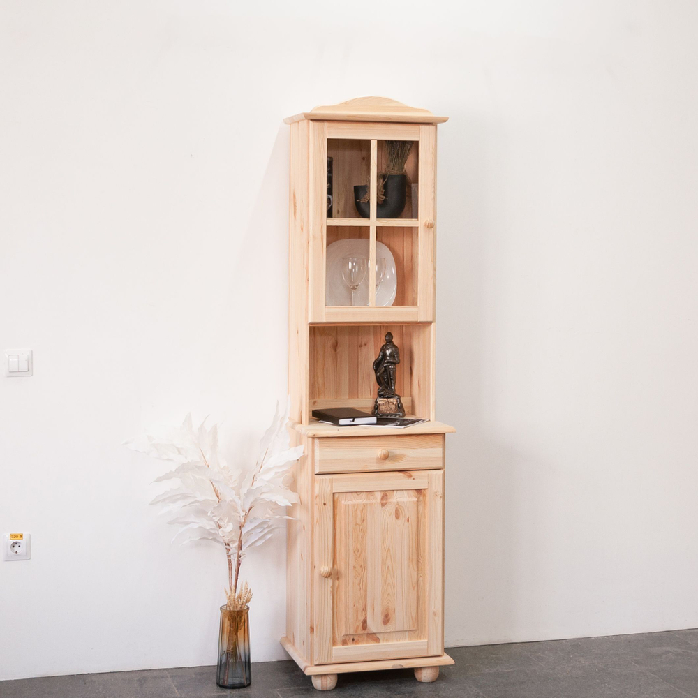 Шкаф-витрина Лена однодверный 48х39х186 см из массива сосны / буфет для кухни, в натуральной отделке