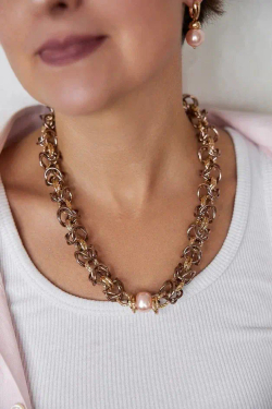 HMG 1131 peach Колье Византия с жемчужиной 1,5 см арт.2100