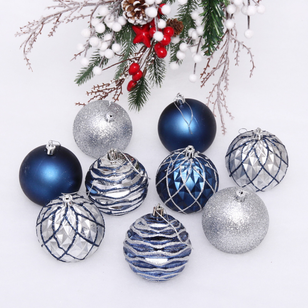 Набор шаров «Diamond shine» 6 см (9 предметов), сапфир/серебро