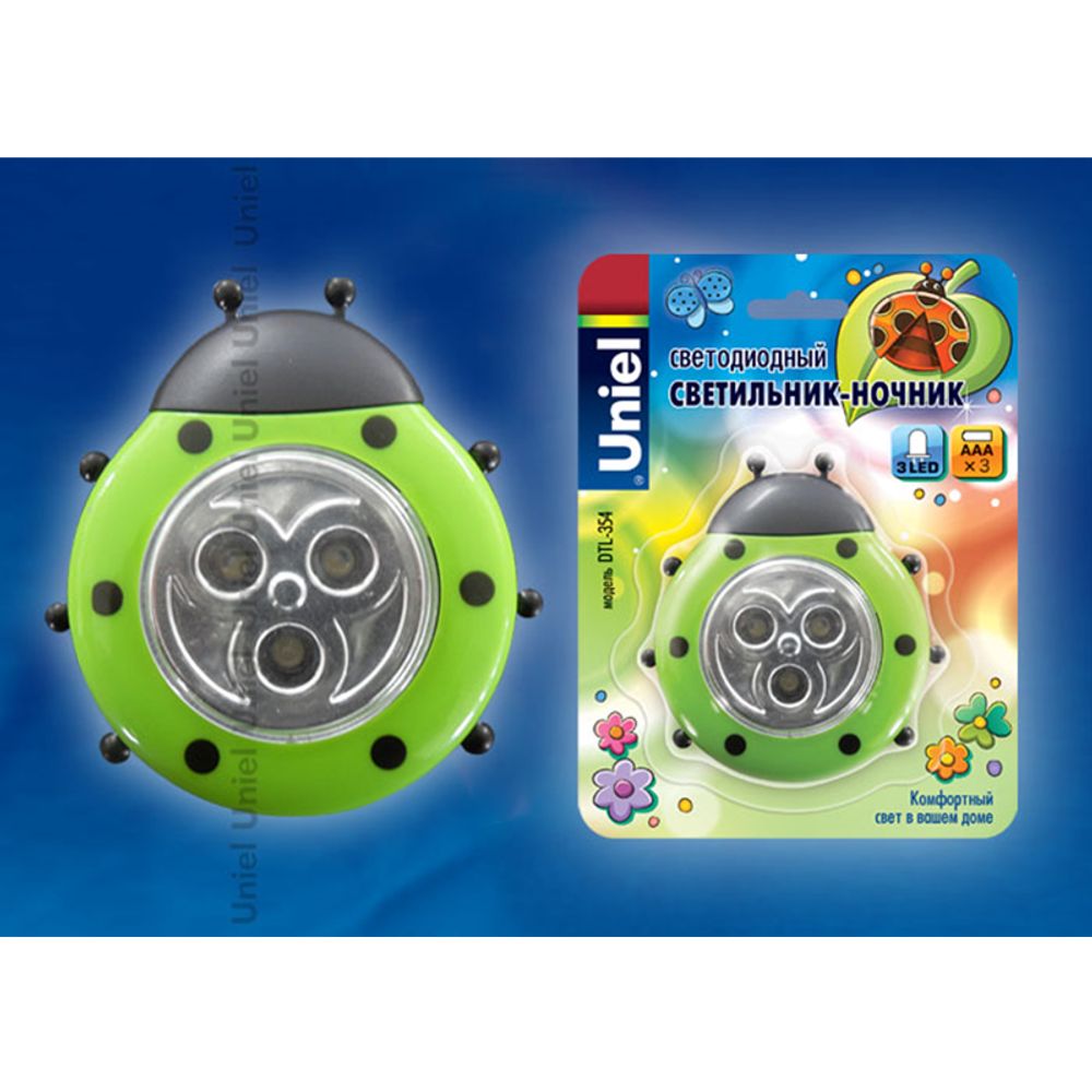 DTL-354 Божья Коровка/Green/3LED/3AAA Cветильник-ночник Божья Коровка,питание от 3-х батареек AAA (в комплект не входят). Цвет -зеленый. Упаковка - бл