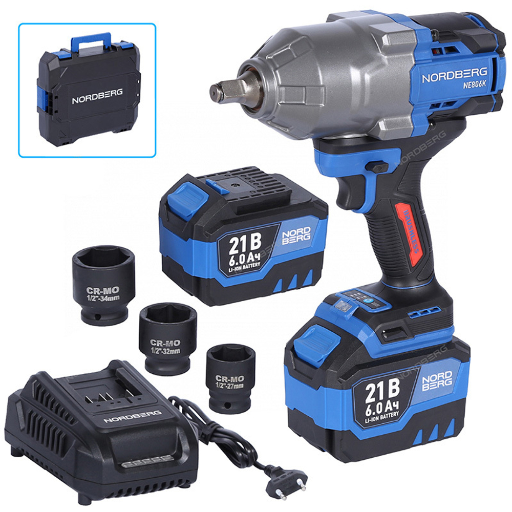NORDBERG (NE806K-1/2) Гайковерт аккумуляторный, 1/2", 21В, 1500 Нм с двумя 6A акк. и зар. уст-вом, в кейсе