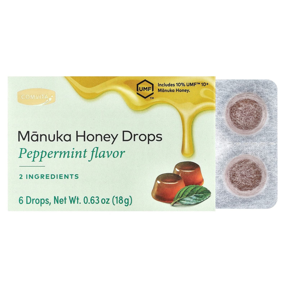 Comvita, Manuka Honey Drops, перечная мята, 6 капель, 18 г (0,63 унции)