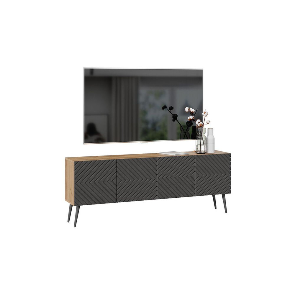 Тумба под телевизор напольная Дуб крафт золотой/Холст вулкан, 160,2х30,8х60 см