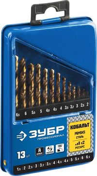 ЗУБР Кобальт, 13 шт, (1.5-6.5 мм), сталь Р6М5К5, класс А, мет.бокс, набор сверл по металлу, Профессионал (29626-H13)