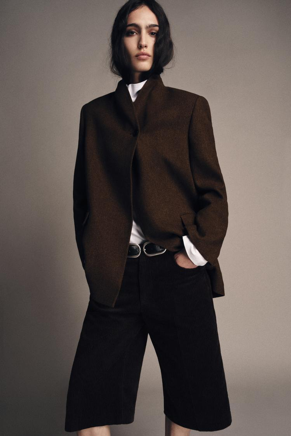 ZARA БЛЕЙЗЕР ИЗ СМЕСОВОЙ ШЕРСТИ С УЗОРОМ В ЕЛОЧКУ — ZW COLLECTION, КОРИЧНЕВЫЙ