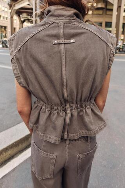 ZARA ДЖИНСОВЫЙ ЖИЛЕТ Z1975 С ВОРОТНИКОМ-СТОЙКОЙ, КОРИЧНЕВЫЙ МЕЛАНЖ