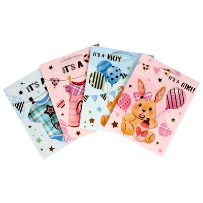 Пакет подарочный "Новорожденный" 18*23*10 см, ручки-шнурок, обработка - фольга, 4 цвета микс