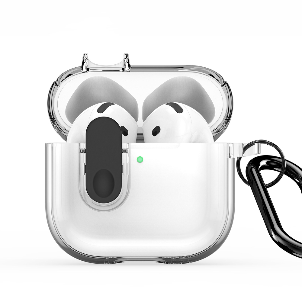 Прозрачный чехол с кнопкой черного цвета от Dux Ducis для наушников AirPods 4, серия PECL Series Case, в комплекте с карабином