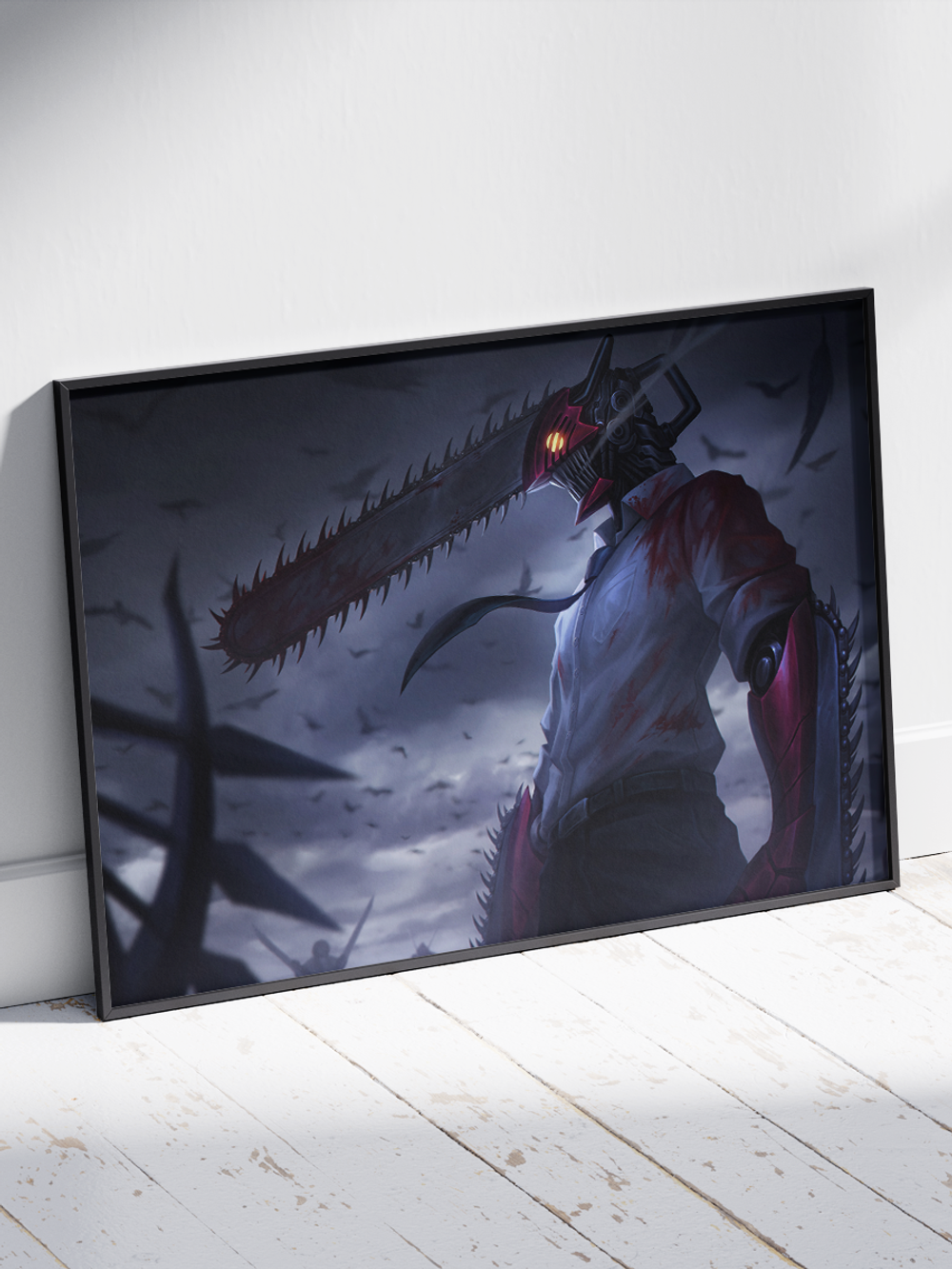 Постер плакат Денджи На Фоне Птиц Chainsaw Man Человек Бензопила