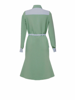 Платье с отложным воротничком салатовое с голубой отделкой 08-02-19FW
